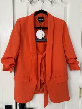 Rehab Bold Orange Open-Front Blazer with Tie Detail